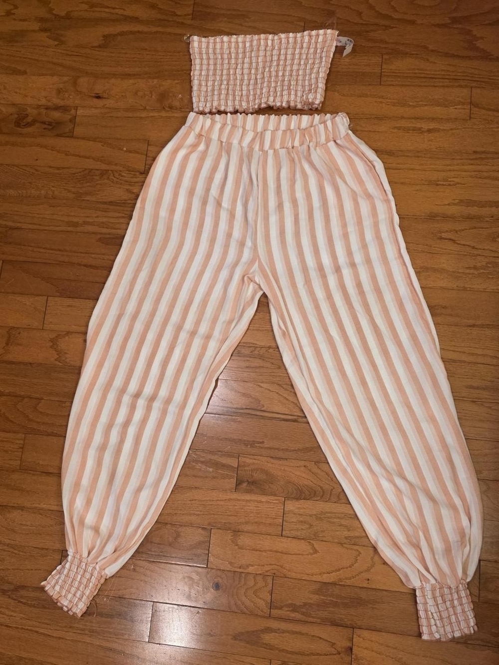 Source Unknown Peach & White Striped Elastic Waist Pantsuit Set